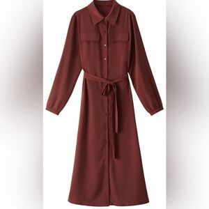 Women's Business Shirt Dress Button Down w Belt Tie size LARGE RED ankle length